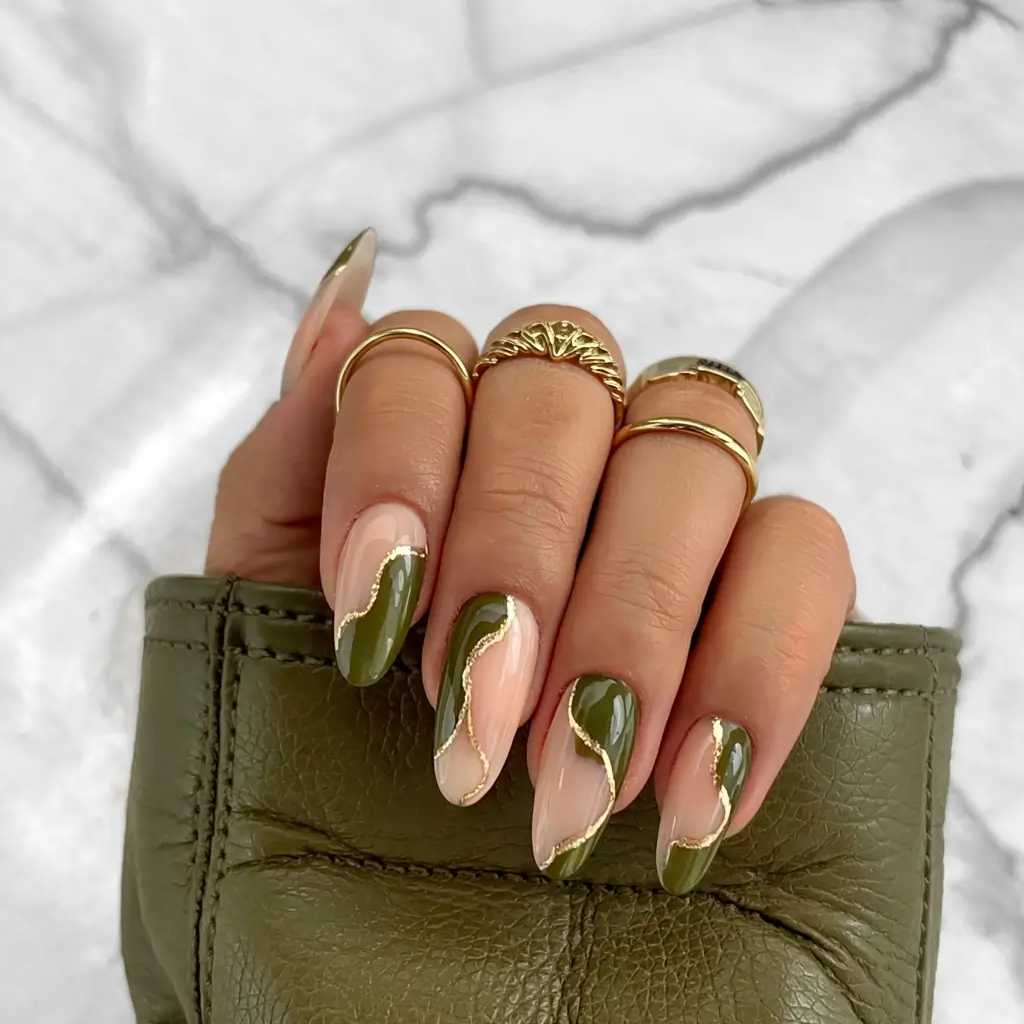 green winter nails 2025 2026 Olive and Gold Fluid Waves