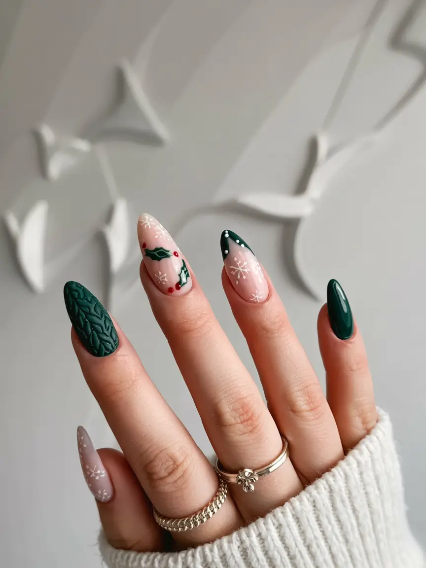 green winter nails 2025 2026 Winter Knit & Holly Details