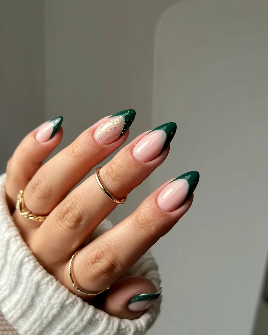green winter nails 2025 2026 Golden-Edged French Green