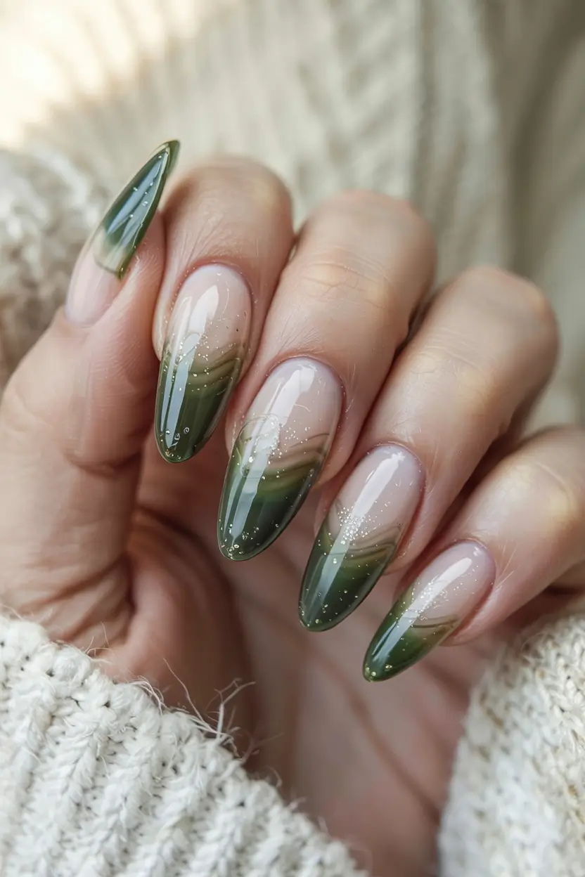 green winter nails 2025 2026 Frosted Olive Waves