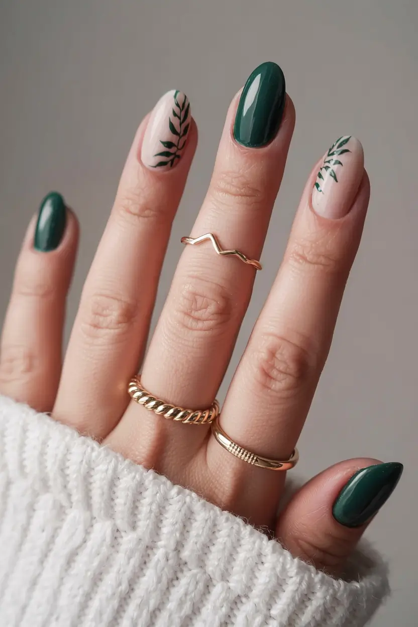 green winter nails 2025 2026 Leaf-Touched Sophistication