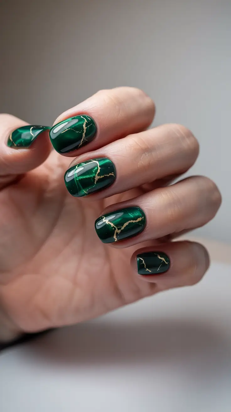 green winter nails 2025 2026 Golden Marble Majesty