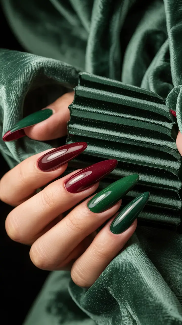 green winter nails 2025 2026 Velvet Wine & Evergreen Contrast