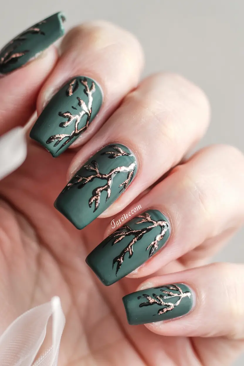 green winter nails 2025 2026 Bronzed Forest Branches