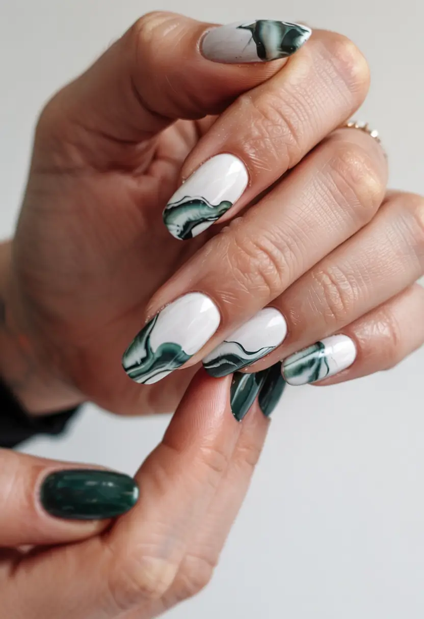 green winter nails 2025 2026 Emerald Smoke Marble