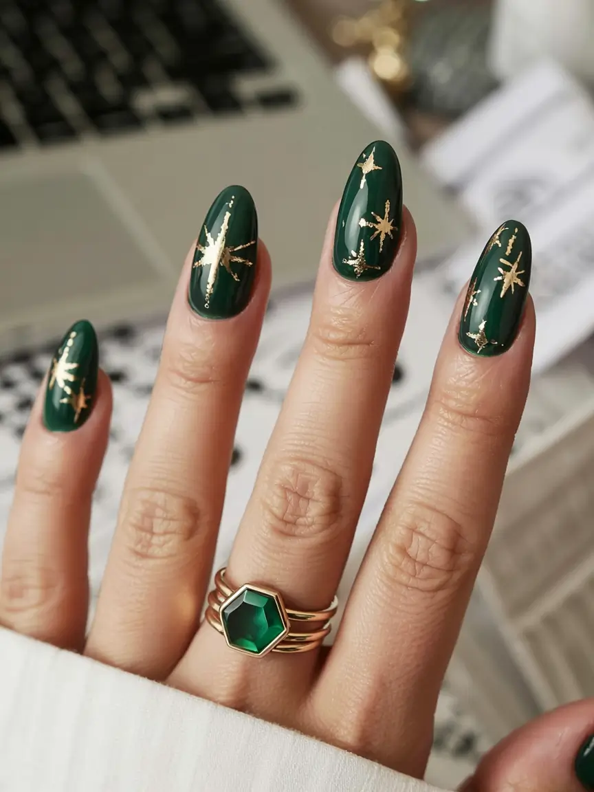 green winter nails 2025 2026 Golden Constellation Green