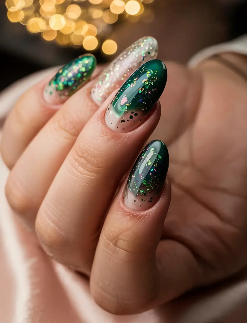 green winter nails 2025 2026 Frosted Emerald Glitter Fade
