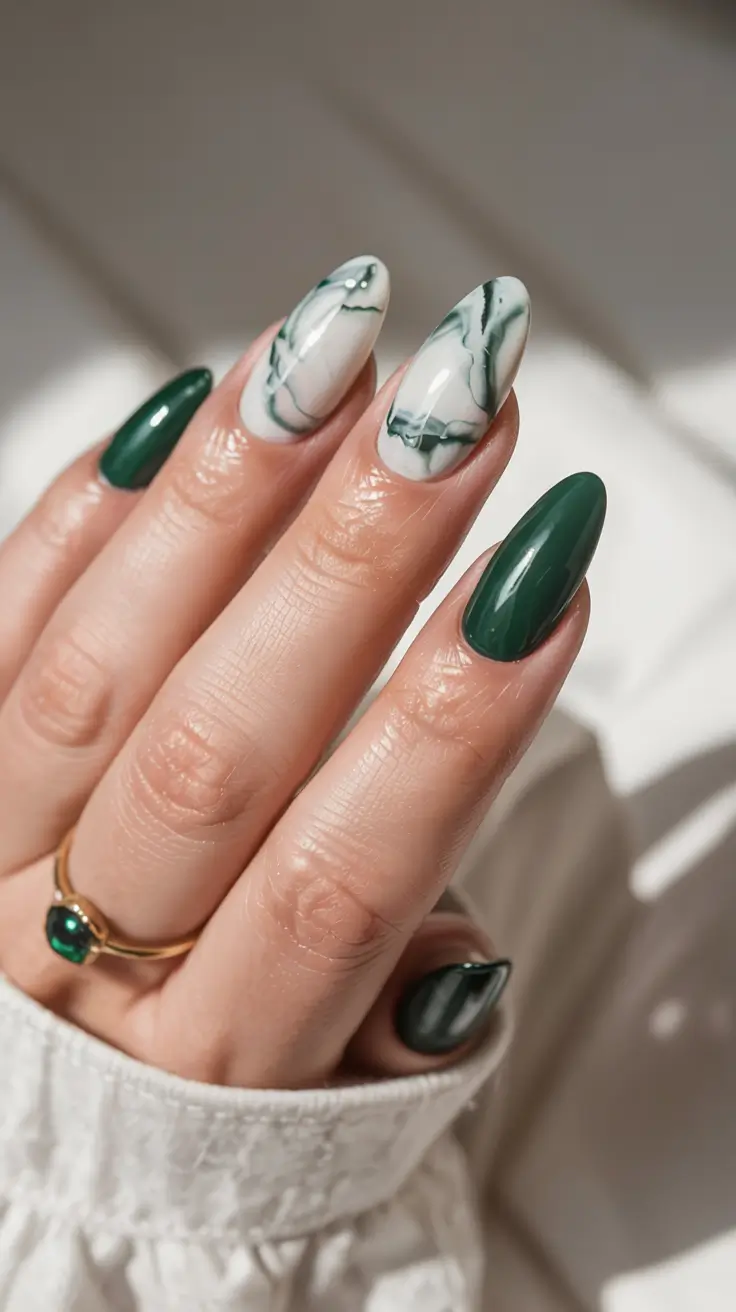 green winter nails 2025 2026 White Marble and Deep Green Harmony