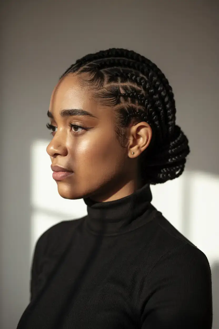 hairstyles for black women winter 2025 2026 Geometric Cornrow Bun