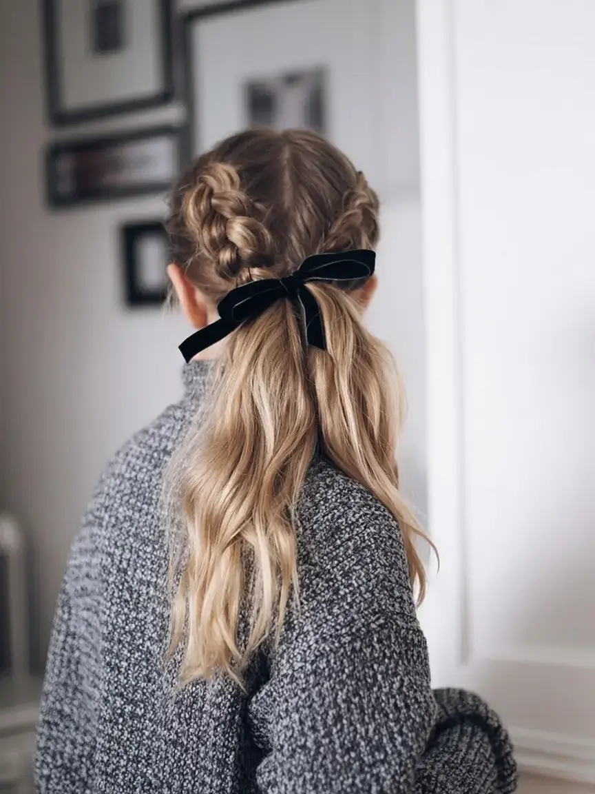 hairstyles ideas for winter 2025 2026 Braided Ponytail with Velvet Ribbon