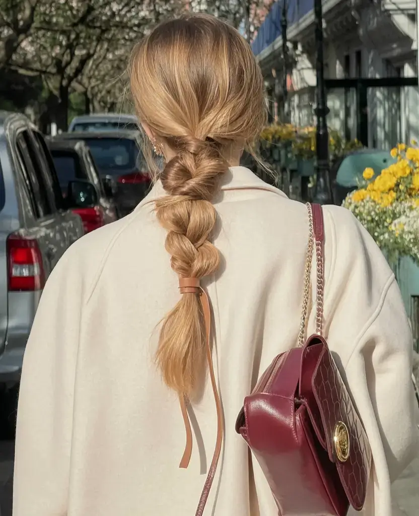 hairstyles ideas for winter 2025 2026 Chunky Bubble Braid with Leather Tie