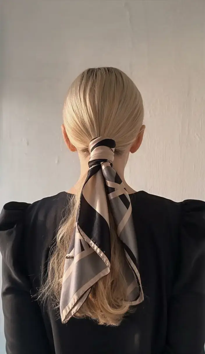 hairstyles ideas for winter 2025 2026 Sleek Ponytail with Scarf Wrap
