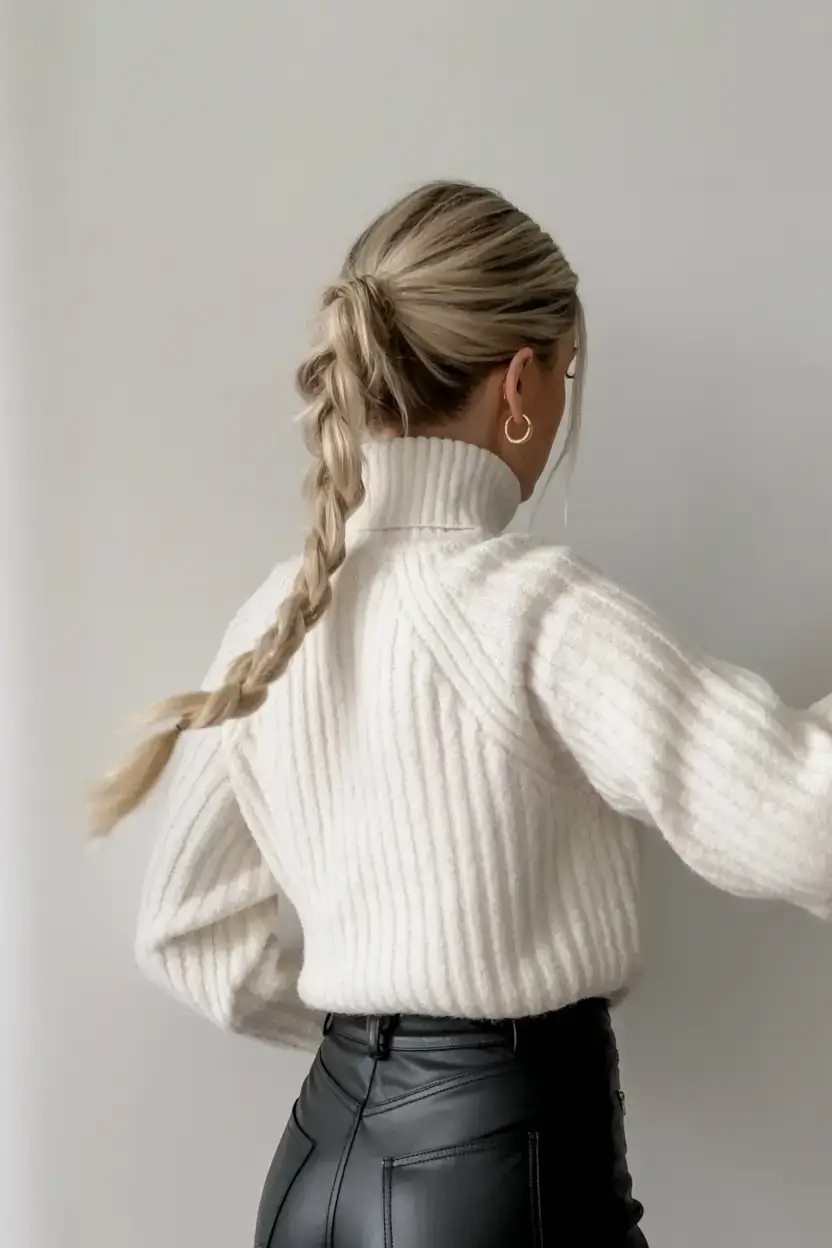 hairstyles ideas for winter 2025 2026 Casual Braid with a Turtleneck Pairing