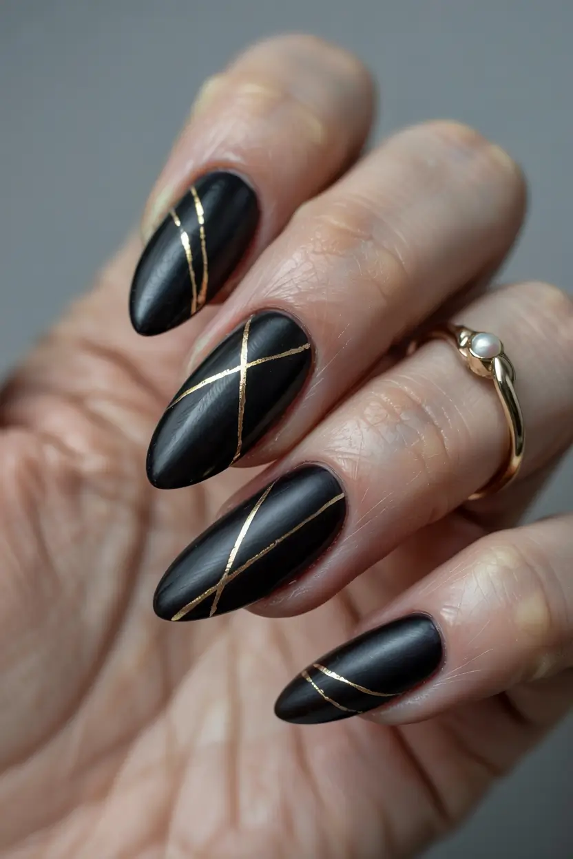 modern dark nail inspo winter 2025 2026 Golden Lattice Elegance