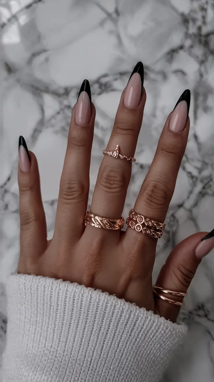 modern dark nail inspo winter 2025 2026 Rose-Gold Contour Tips