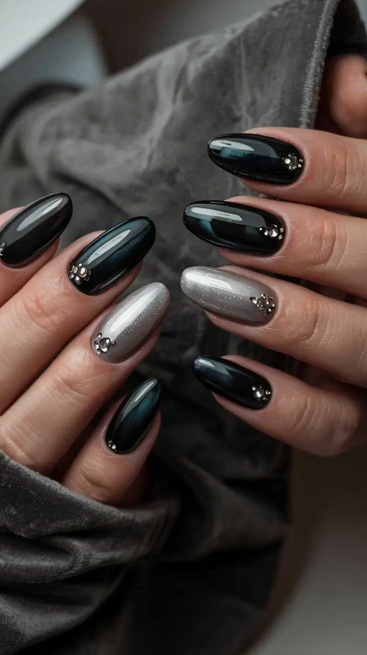modern dark nail inspo winter 2025 2026 Black Ice Radiance