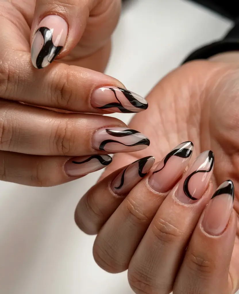 modern dark nail inspo winter 2025 2026 Fluid Noir Waves