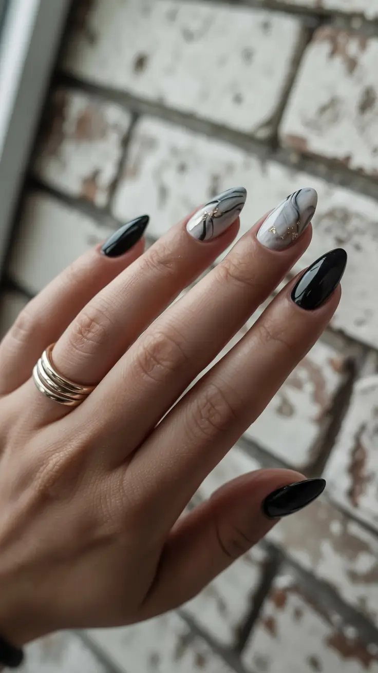 modern dark nail inspo winter 2025 2026 Marbled Moonlight