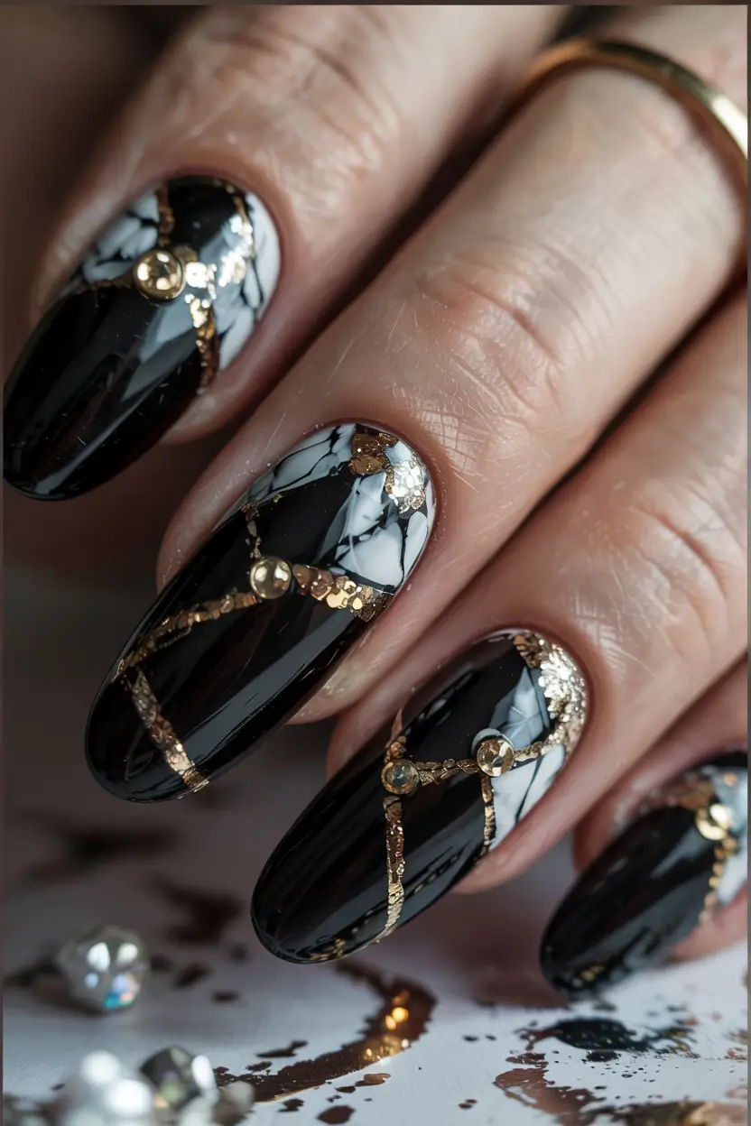 modern dark nail inspo winter 2025 2026 Golden Fracture