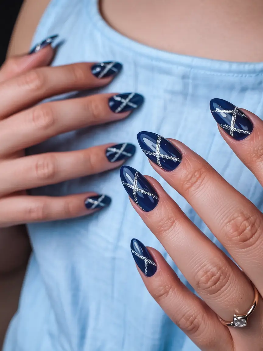 modern dark nail inspo winter 2025 2026 Midnight Elegance with Silver Threads