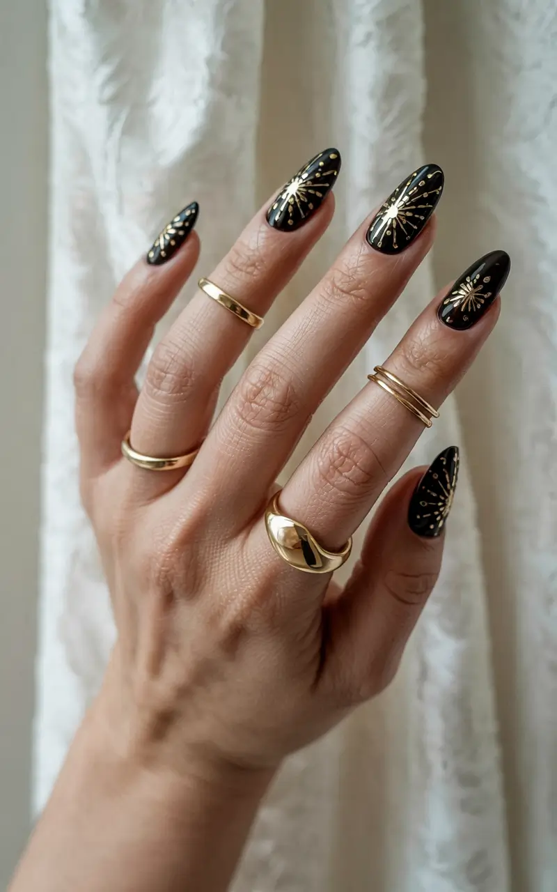modern dark nail inspo winter 2025 2026 Golden Fireworks