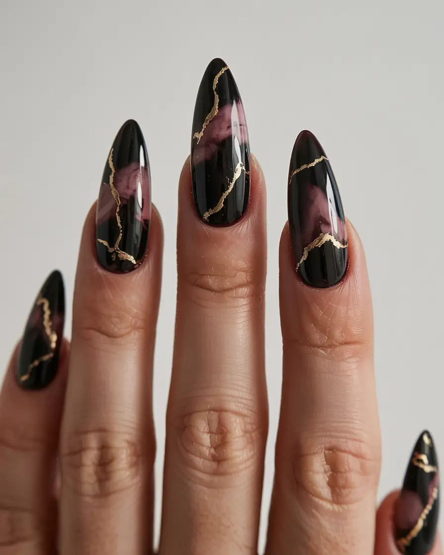 modern dark nail inspo winter 2025 2026 Black Quartz Cracks