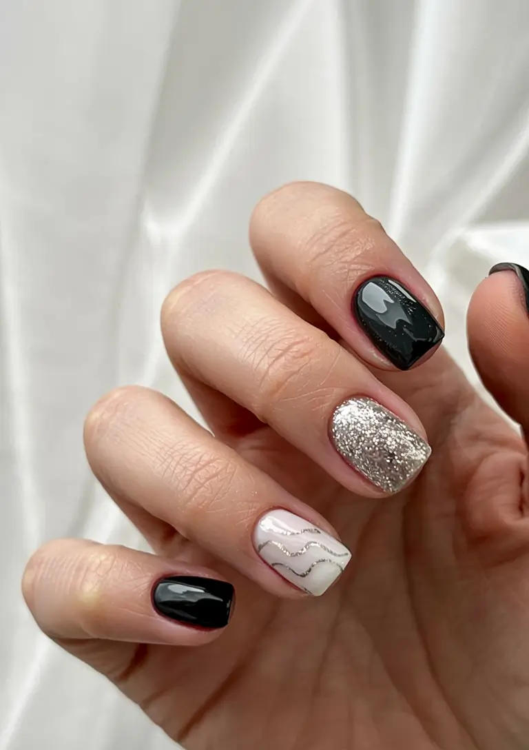 modern dark nail inspo winter 2025 2026 Silver Contrast Charm