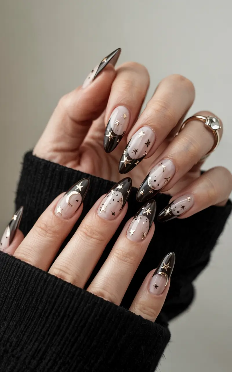modern dark nail inspo winter 2025 2026 Celestial Noir