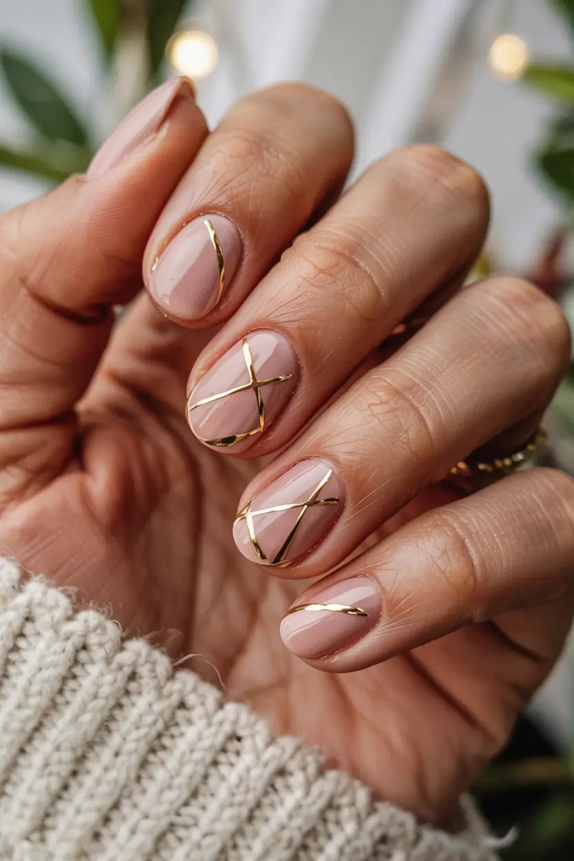 modern gel manicure winter 2025 2026 Golden Grid Glow