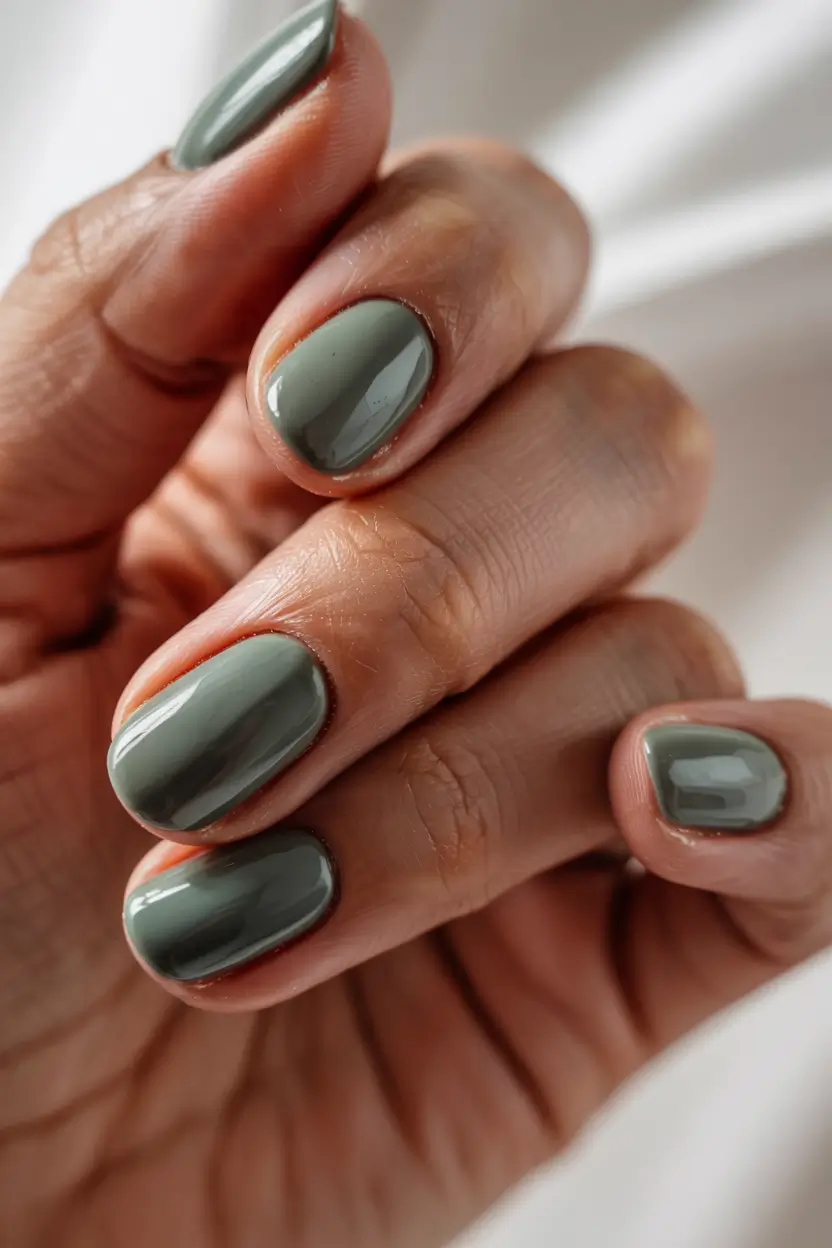 modern gel manicure winter 2025 2026 Smoky Sage Serenity