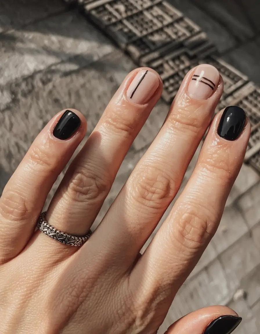 modern gel manicure winter 2025 2026 Minimal Noir Lines
