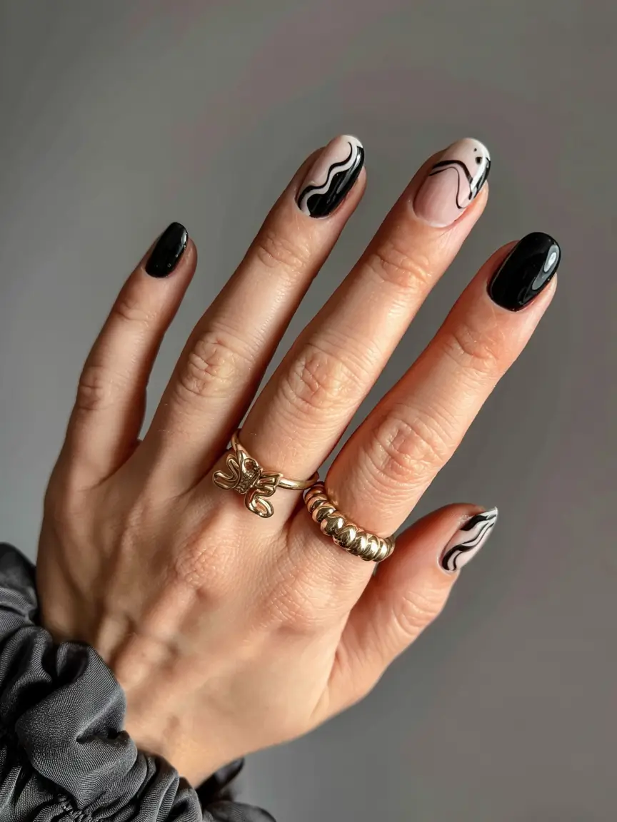 modern gel manicure winter 2025 2026 Black Marble Dream
