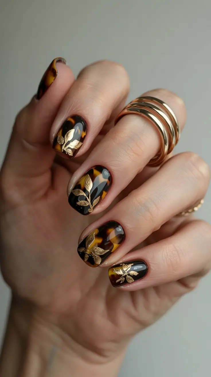 modern gel manicure winter 2025 2026 Tortoiseshell Gold Elegance