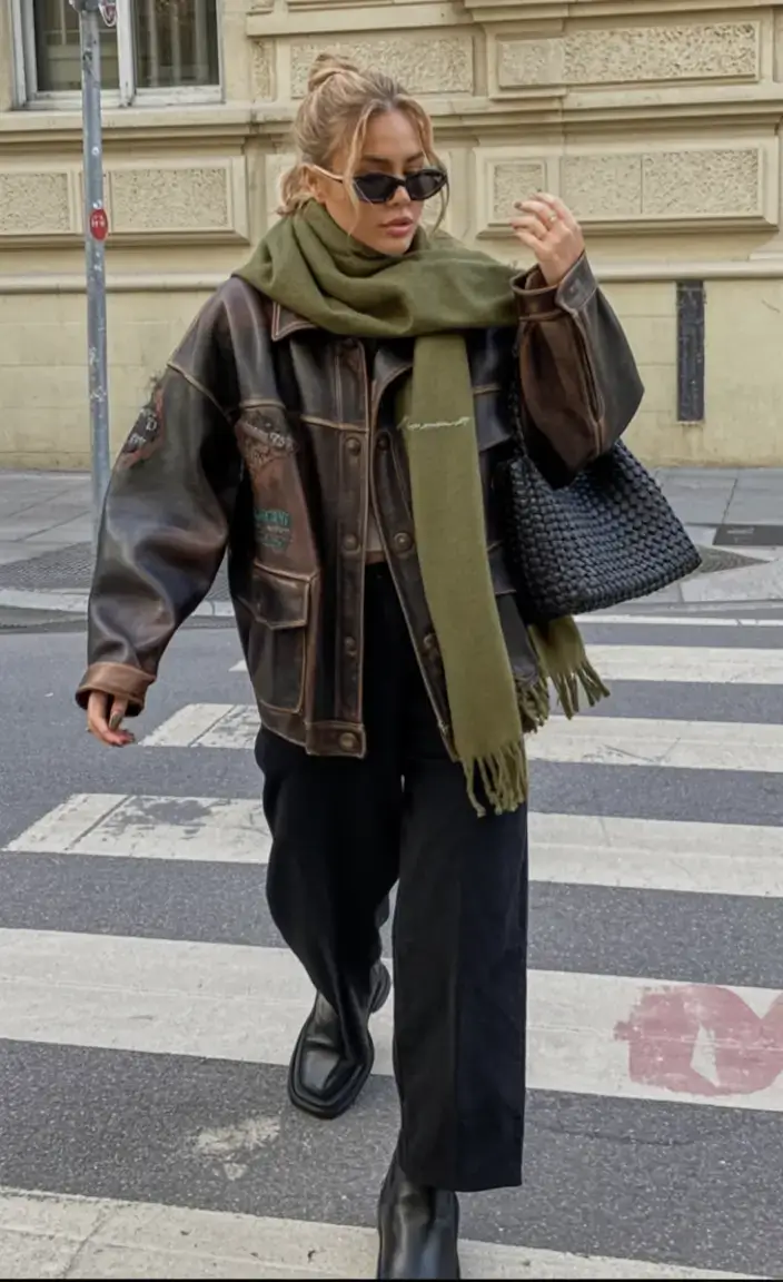 nyc winter outfits 2025 2026 street style guide Retro Leather with an Olive Accent