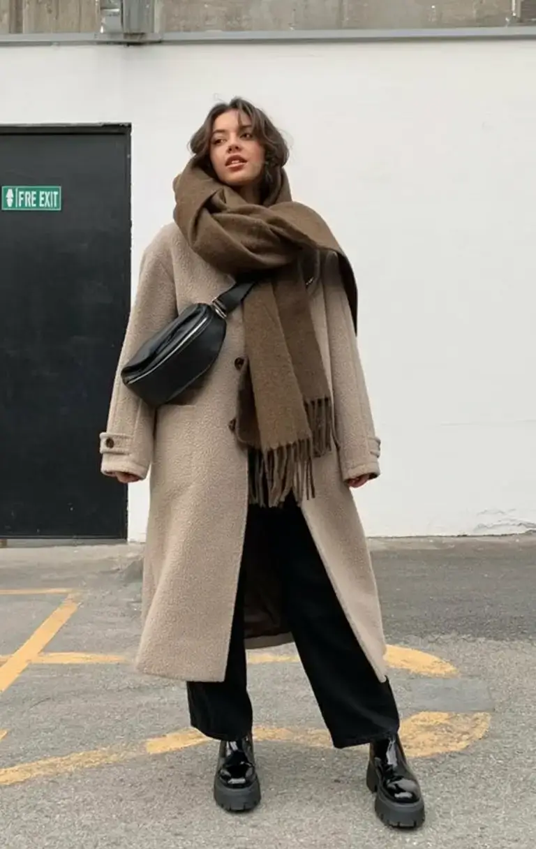 nyc winter outfits 2025 2026 street style guide Cozy Neutrals with Oversized Scarf Drama