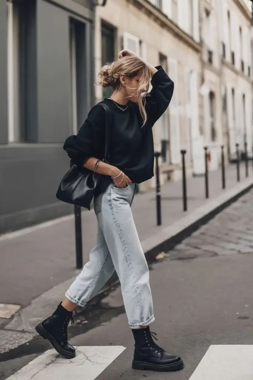 nyc winter outfits 2025 2026 street style guide Black-and-Denim Simplicity with Combat Boots