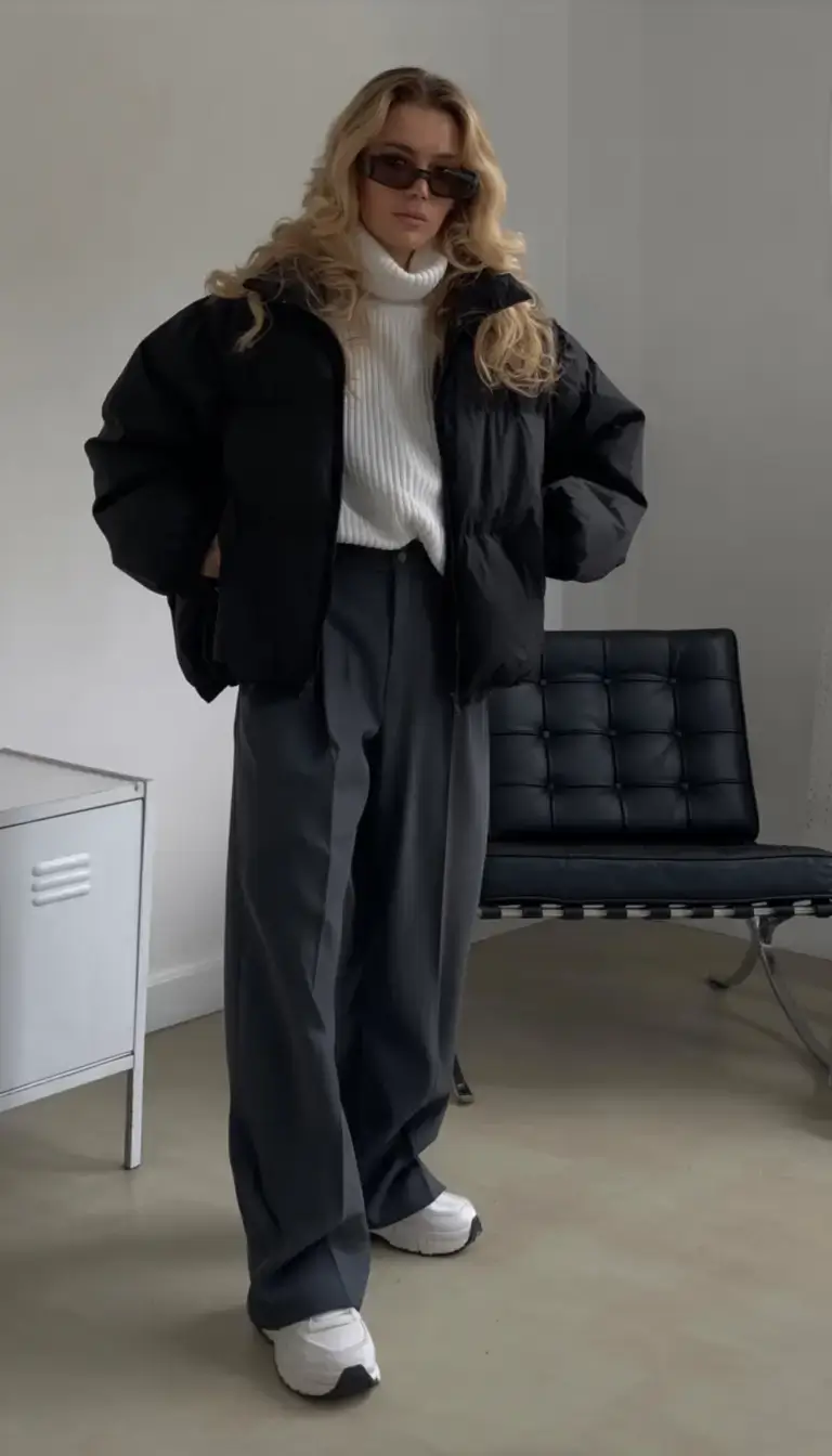 nyc winter outfits 2025 2026 street style guide Structured Puffer with Wide-Leg Elegance