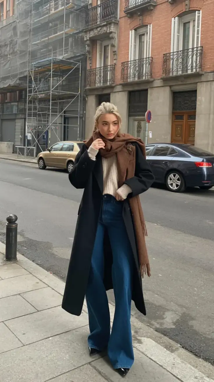 nyc winter outfits 2025 2026 street style guide Classic Black Coat with Warm Brown Accents