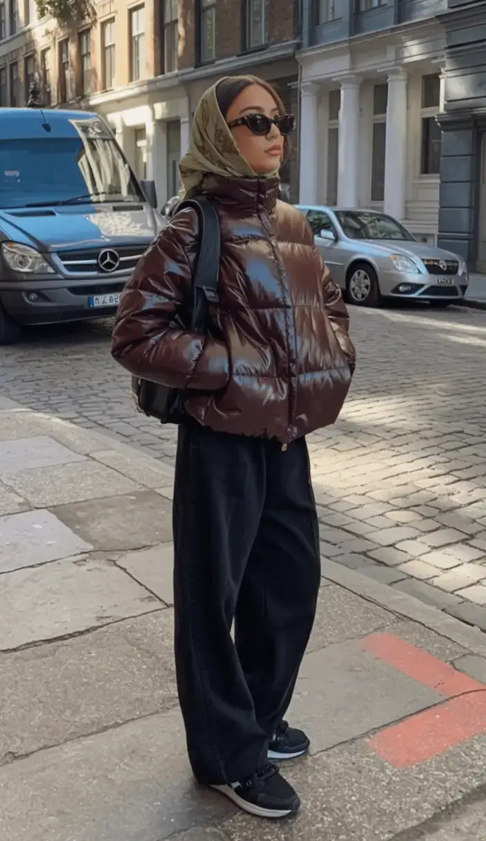 nyc winter outfits 2025 2026 street style guide Glossy Puffer with Retro Glam Energy