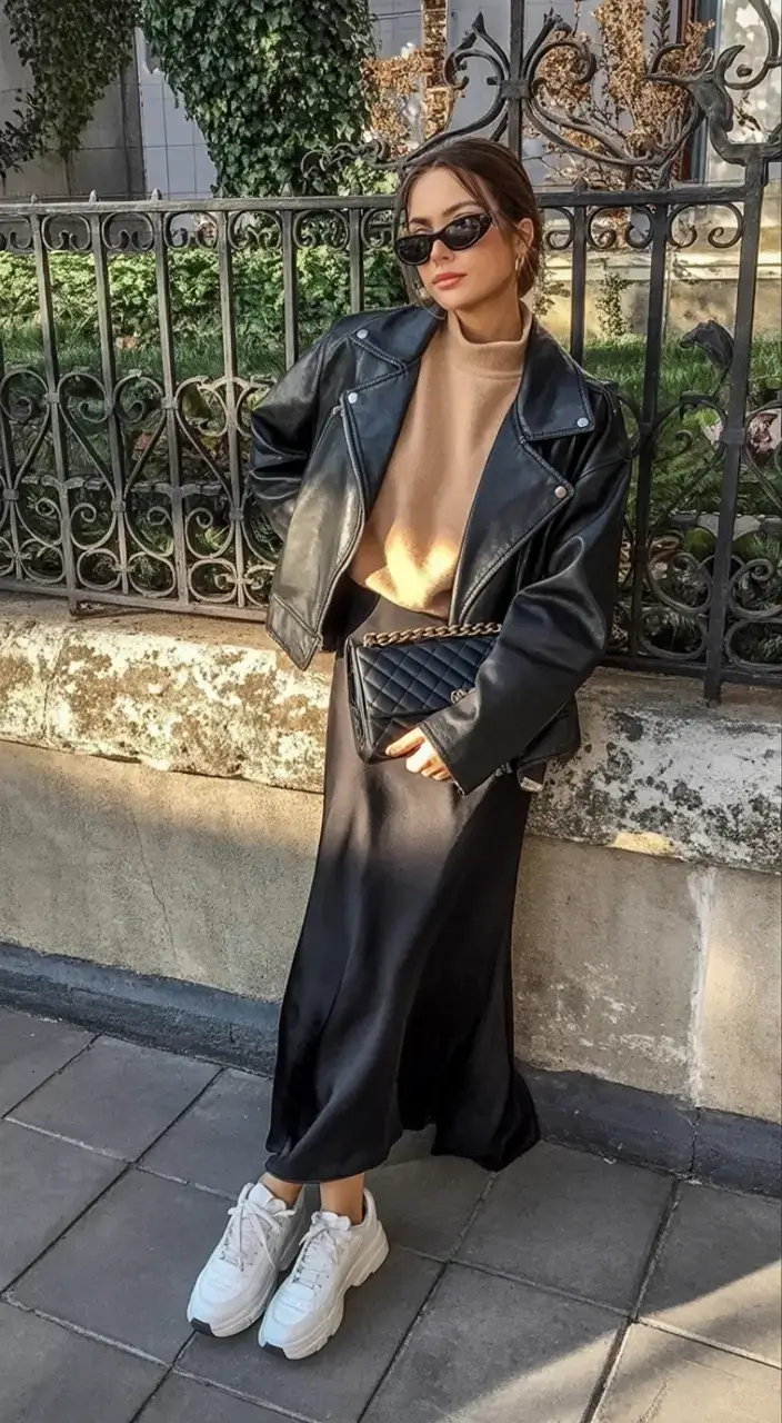 nyc winter outfits 2025 2026 street style guide Silk Skirt Meets Streetwise Leather