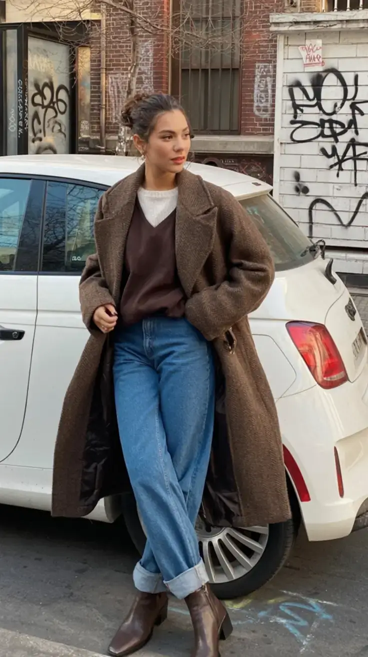 nyc winter outfits 2025 2026 street style guide Brown Layers with Classic Denim