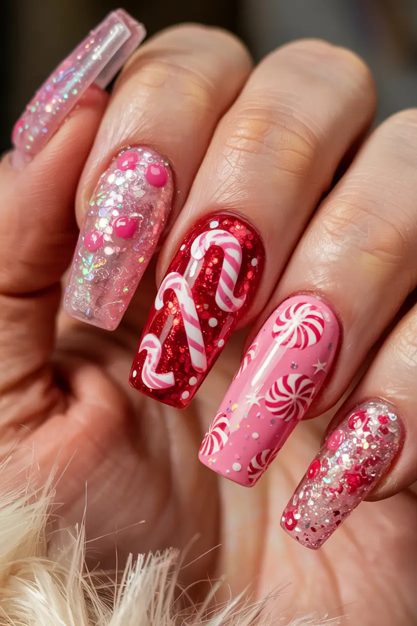 Pink Christmas Nails 2025 Candy Cane Fantasy
