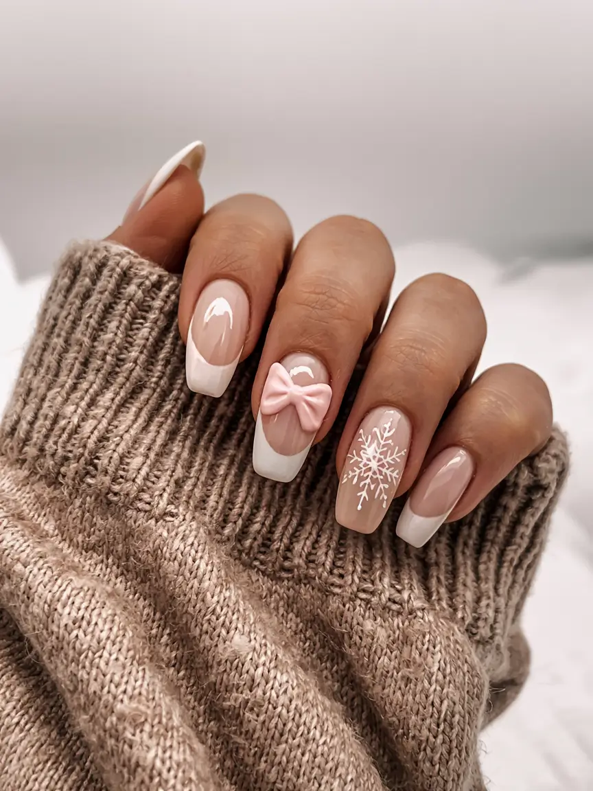 Pink Christmas Nails 2025 Snowflake French Elegance