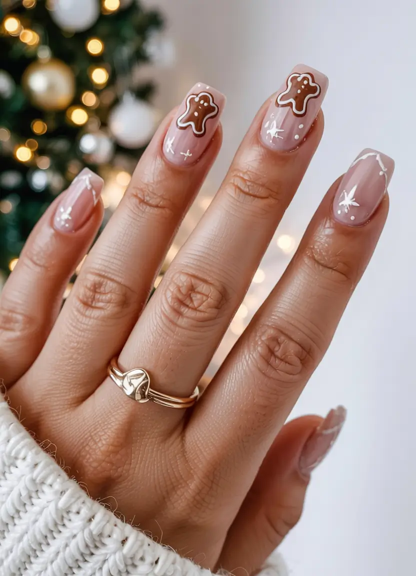 Pink Christmas Nails 2025 Gingerbread Charm