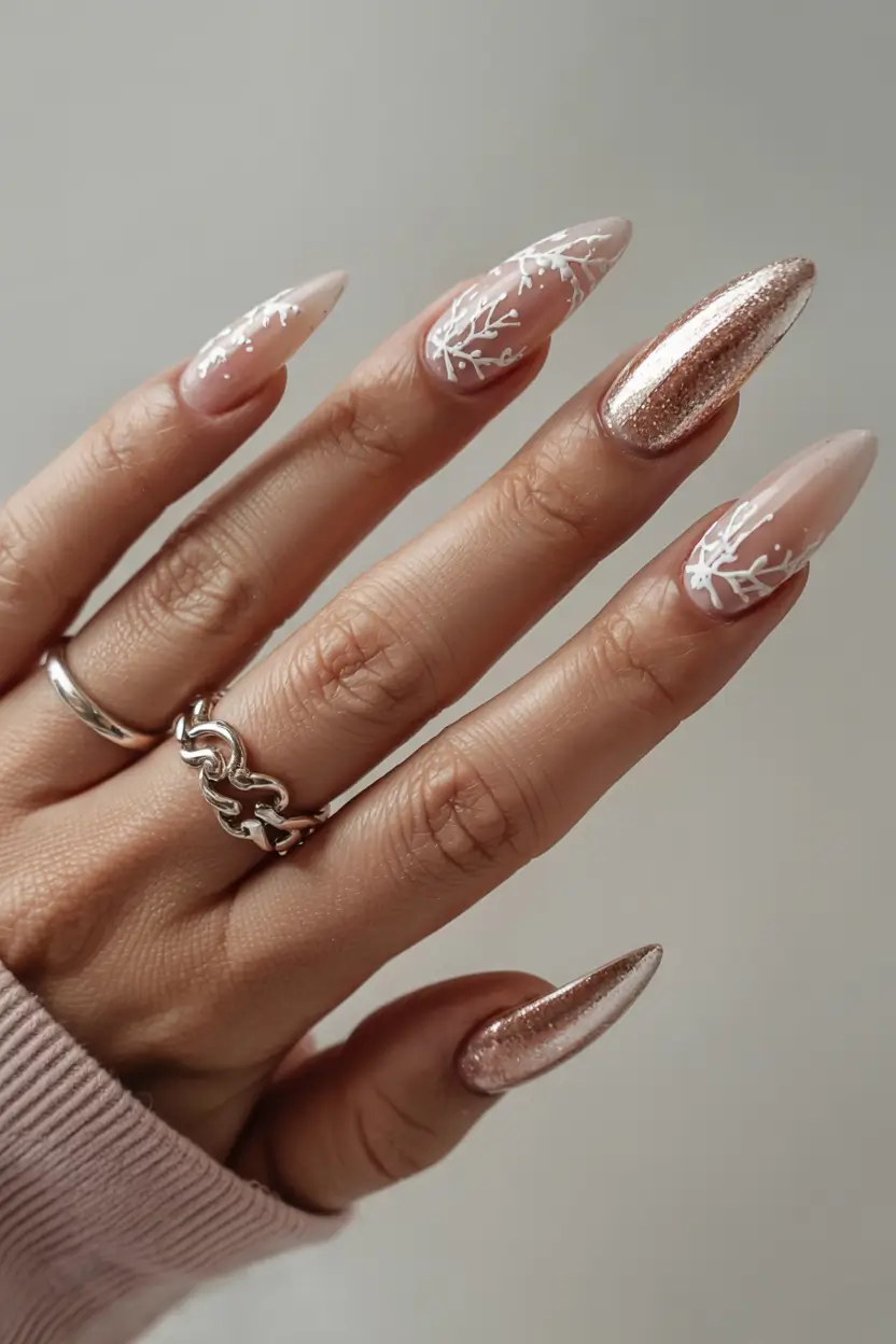 Pink Christmas Nails 2025 Rose Gold Frost