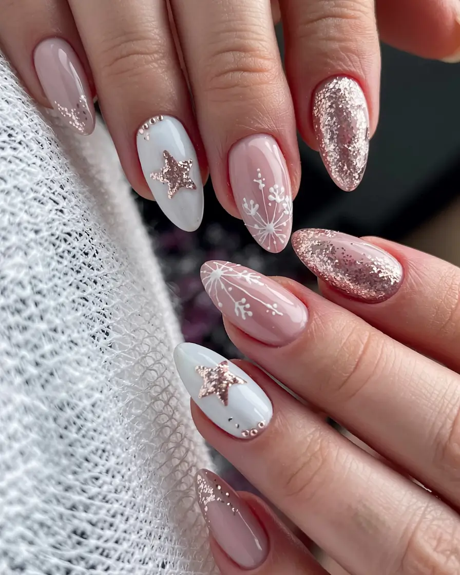 Pink Christmas Nails 2025 Frosted Petals and Star Accents