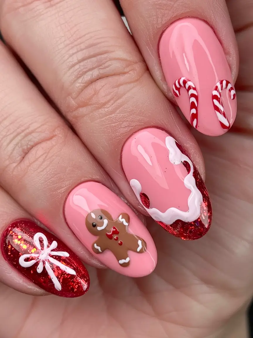 Pink Christmas Nails 2025 Gingerbread Candy Delight