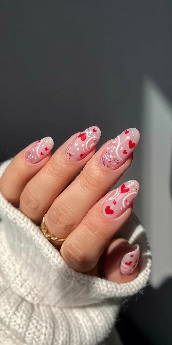Pink Christmas Nails 2025 Hearts and Stardust Whirl