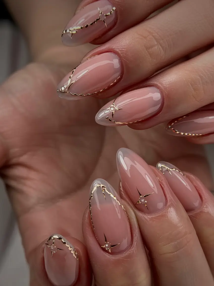 Pink Christmas Nails 2025 Golden Stardust Veil