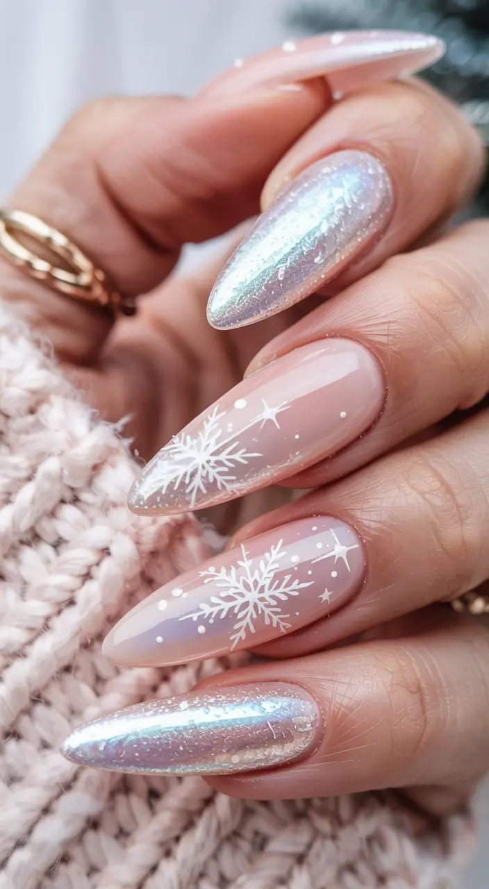 Pink Christmas Nails 2025 Snowflake Chrome Illusion